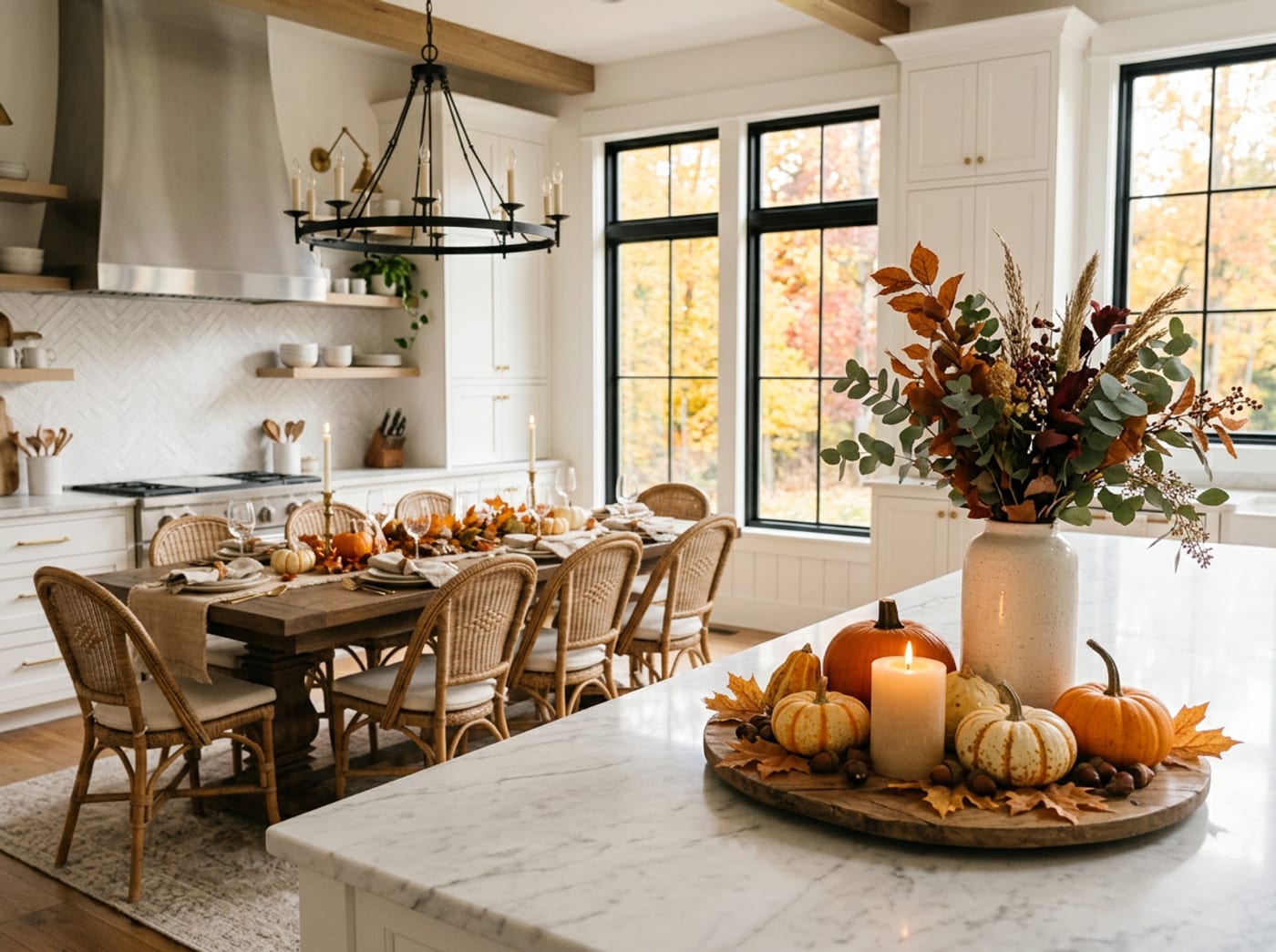 A warm, Thanksgiving-ready kitchen and dining room with pumpkins, candles, and an autumn bouquet