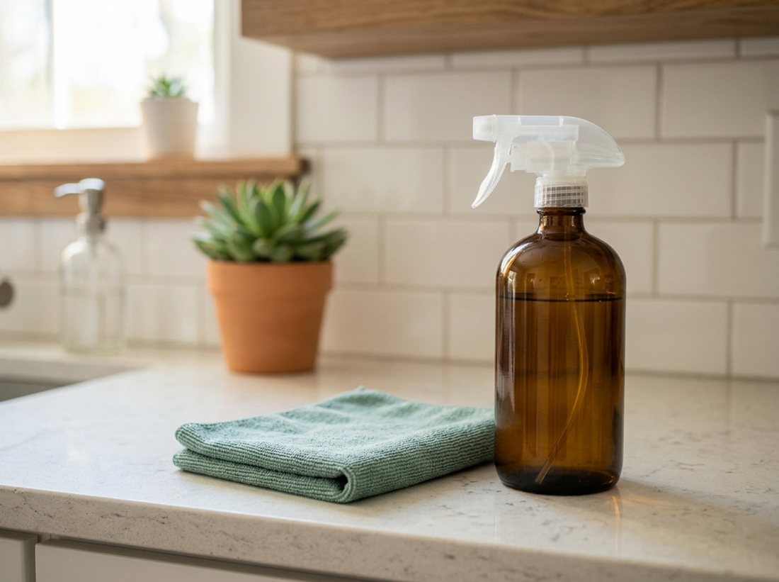Spray bottle and folded microfiber cloth on a clean kitchen counter