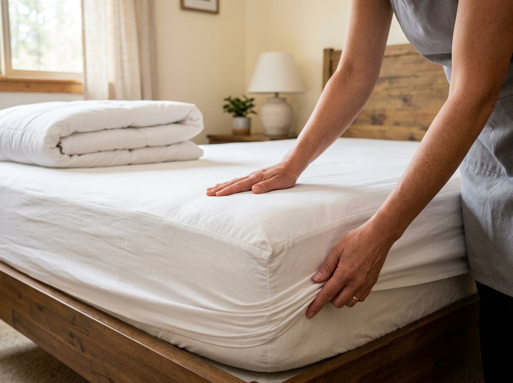 Making an Airbnb turnover bed hotel-style with fresh white linens