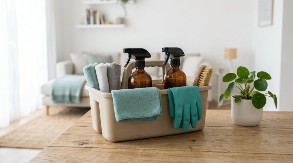 House cleaning supplies caddy in a bright Charlotte living room