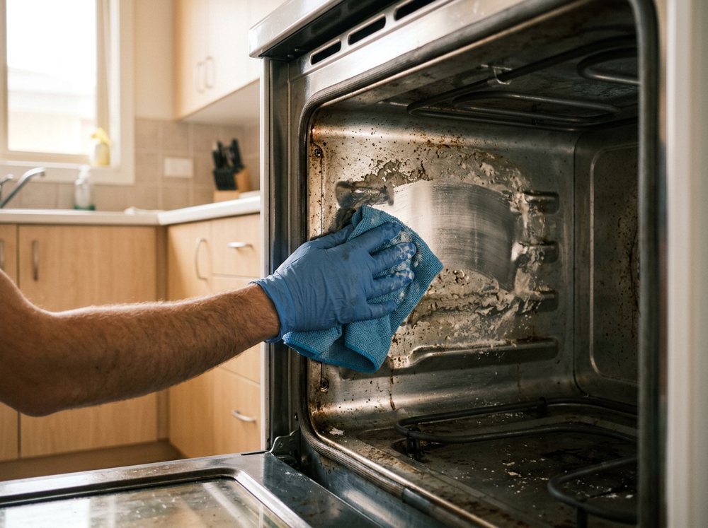 Gloved hand wiping the inside of an empty oven during move-out cleaning