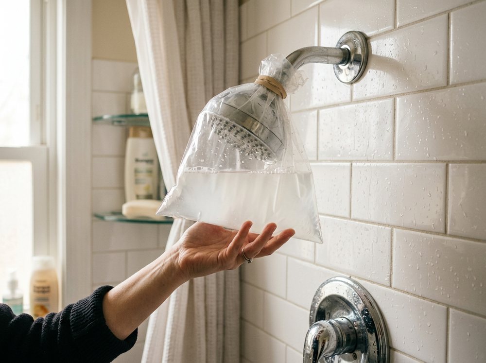 Vinegar-filled bag tied on a showerhead to remove hard water stains